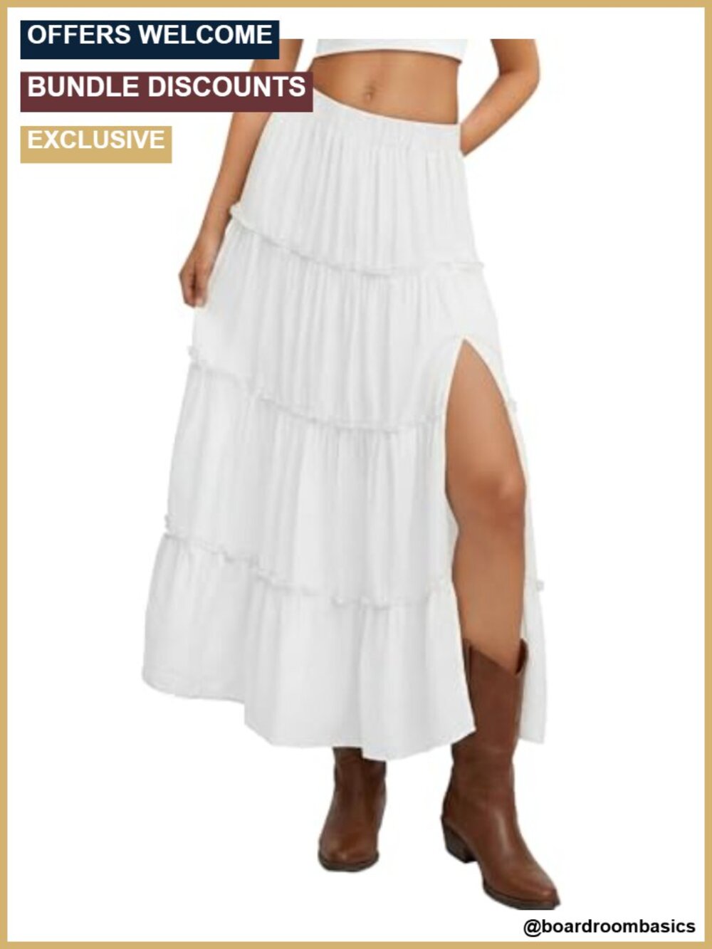 Women's Tiered Maxi Skirt Elastic Waist Flowy Ruffle High Slit Pockets